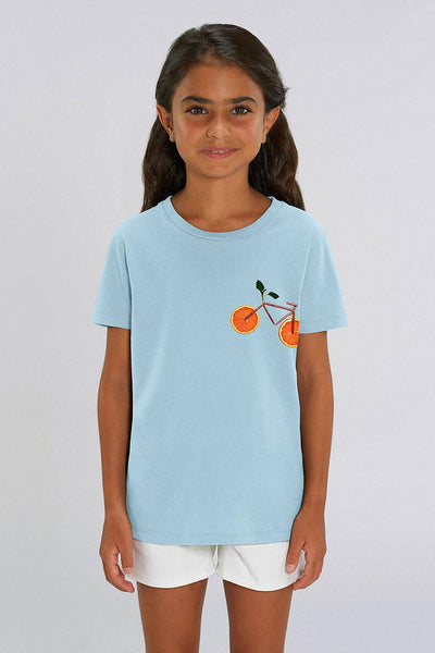 Light blue Kids Orange Bicycle Crew Neck T-Shirt, 100% organic cotton, for girls & for boys