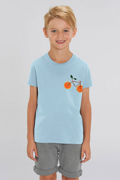 Light blue Kids Orange Bicycle Crew Neck T-Shirt, 100% organic cotton, for girls & for boys