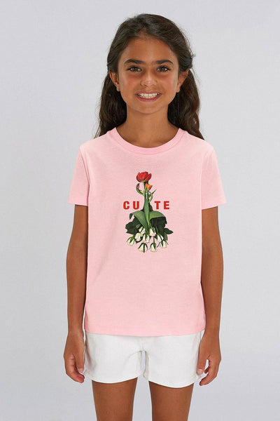 Cotton Pink Girls Cute Floral Graphic T-Shirt, 100% organic cotton