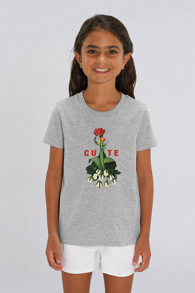 Grey Girls Cute Floral Graphic T-Shirt, 100% organic cotton