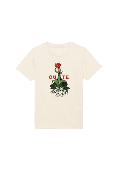Beige Girls Cute Floral Graphic T-Shirt, 100% organic cotton