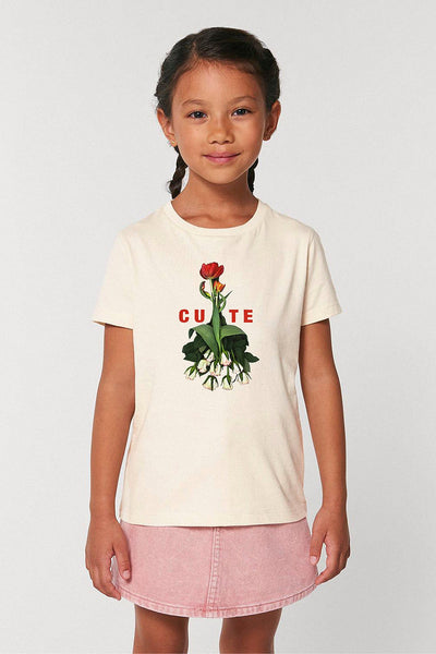 Beige Girls Cute Floral Graphic T-Shirt, 100% organic cotton
