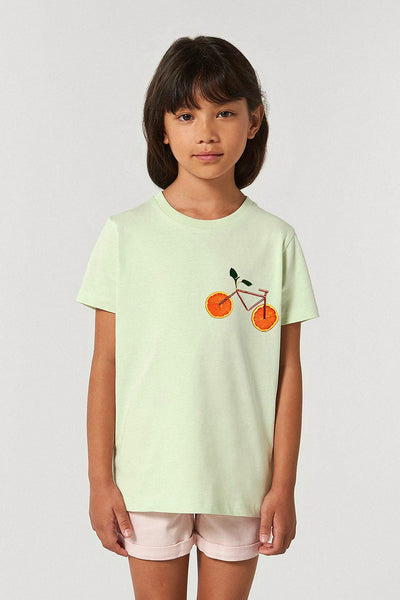 Light green Kids Orange Bicycle Crew Neck T-Shirt, 100% organic cotton, for girls & for boys 