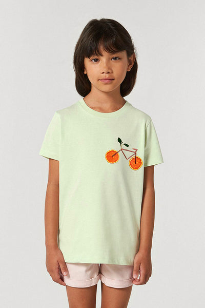 Light green Kids Orange Bicycle Crew Neck T-Shirt, 100% organic cotton, for girls & for boys