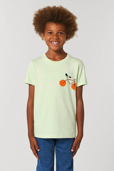 Light green Kids Orange Bicycle Crew Neck T-Shirt, 100% organic cotton, for girls & for boys