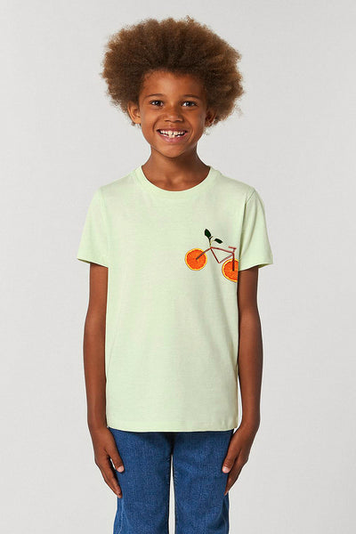 Light green Kids Orange Bicycle Crew Neck T-Shirt, 100% organic cotton, for girls & for boys