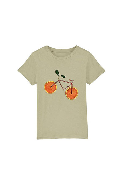 Sage green Kids Orange Bicycle Graphic T-Shirt, 100% organic cotton, for girls & for boys