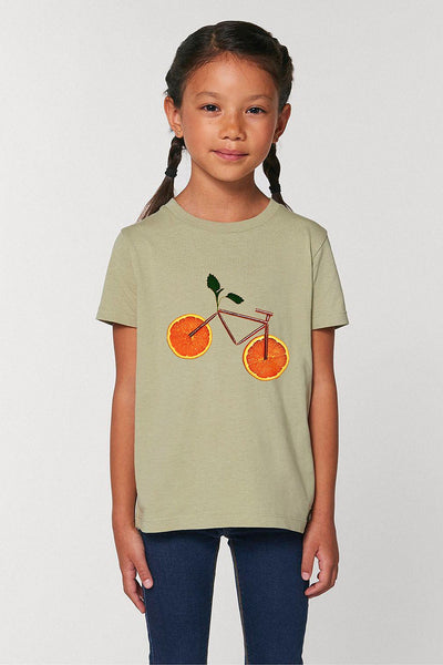 Sage green Kids Orange Bicycle Graphic T-Shirt, 100% organic cotton, for girls & for boys