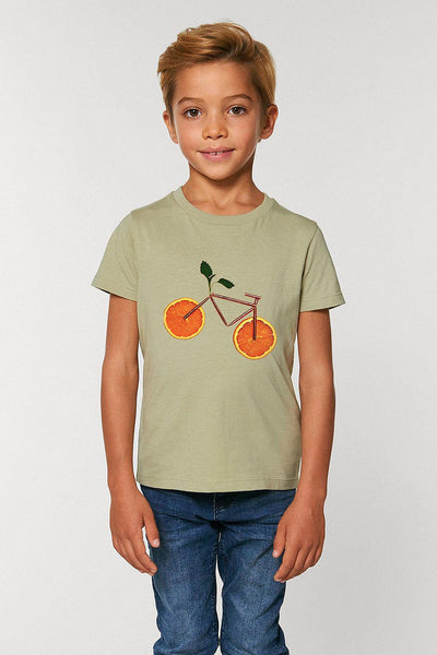 Sage green Kids Orange Bicycle Graphic T-Shirt, 100% organic cotton, for girls & for boys