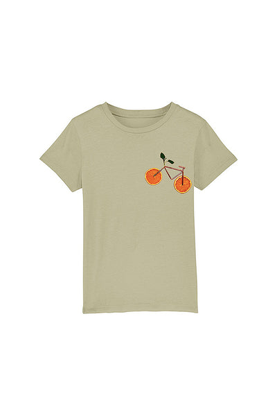 Sage green Kids Orange Bicycle Crew Neck T-Shirt, 100% organic cotton, for girls & for boys