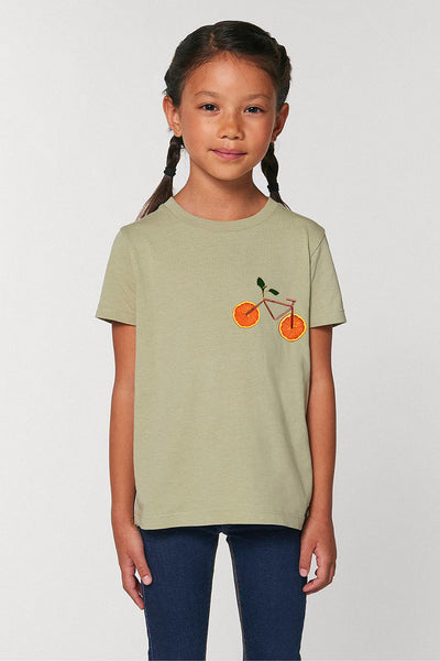 Sage green Kids Orange Bicycle Crew Neck T-Shirt, 100% organic cotton, for girls & for boys