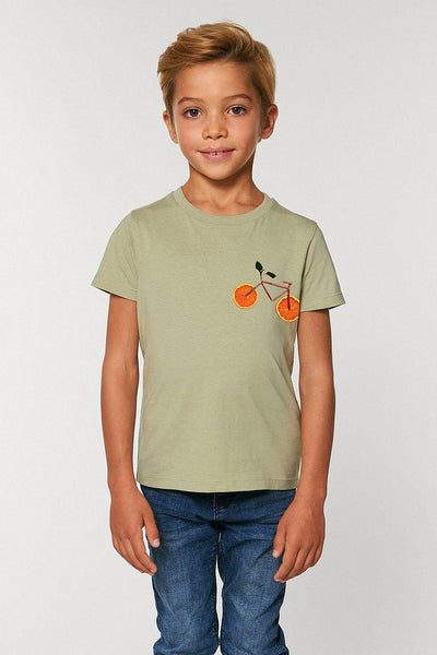 Sage green Kids Orange Bicycle Crew Neck T-Shirt, 100% organic cotton, for girls & for boys