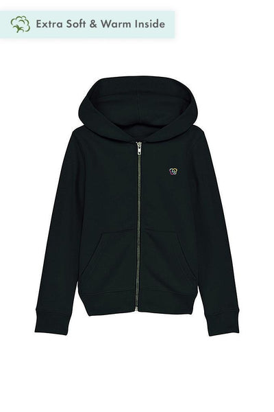 Black Kids Embroidered Logo Zip Hoodie, Medium-weight, from organic cotton blend, for girls & for boys
