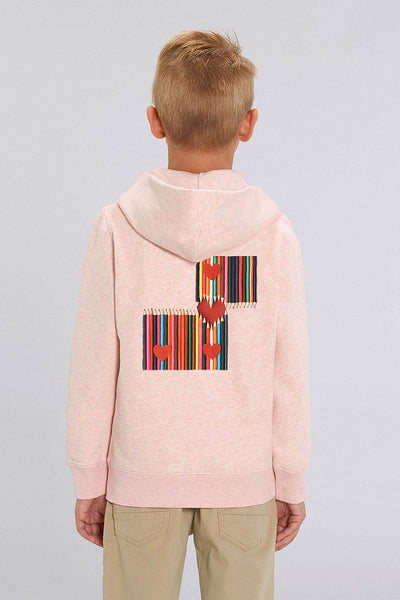 Light Pink Kids Zip Hoodie Love Heart Back Print, Medium-weight, from organic cotton blend, for girls & for boys