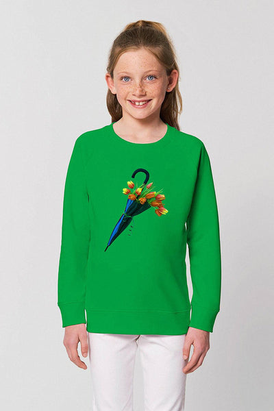 Green Kids Blooming Umbrella Sweatshirt, Medium-weight, from organic cotton blend, for girls & for boys
