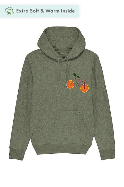 Khaki Orange Bicycle Printed Hoodie, Heavyweight, from organic cotton blend, Unisex, for Women & for Men