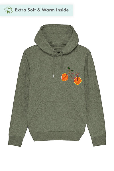 Khaki Orange Bicycle Printed Hoodie, Heavyweight, from organic cotton blend, Unisex, for Women & for Men