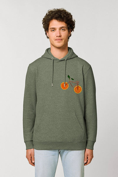 Khaki Orange Bicycle Printed Hoodie, Heavyweight, from organic cotton blend, Unisex, for Women & for Men