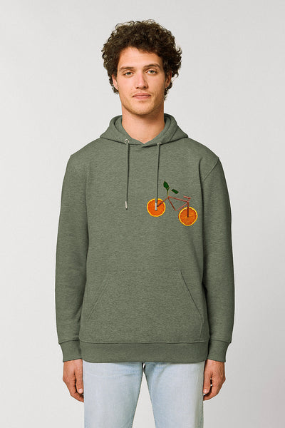 Khaki Orange Bicycle Printed Hoodie, Heavyweight, from organic cotton blend, Unisex, for Women & for Men