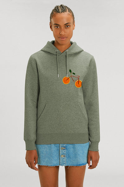 Khaki Orange Bicycle Printed Hoodie, Heavyweight, from organic cotton blend, Unisex, for Women & for Men 