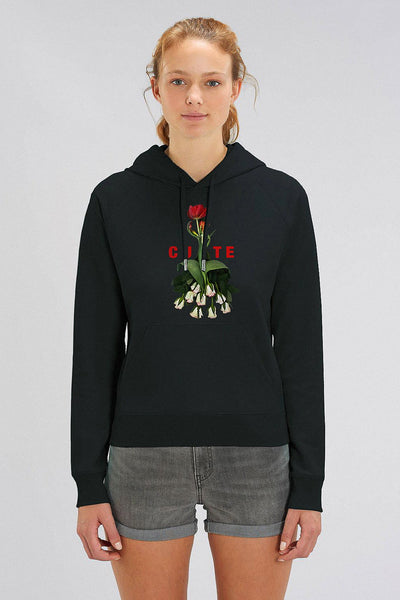 Black Women Cute Floral Graphic Hoodie, Medium-weight, from organic cotton blend