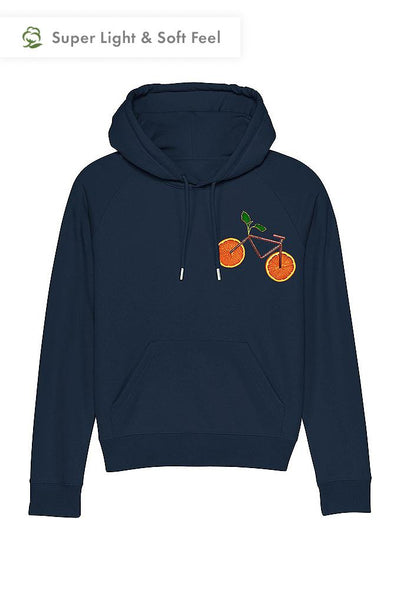Navy Women Orange Bicycle Hoodie, Medium-weight, from organic cotton blend