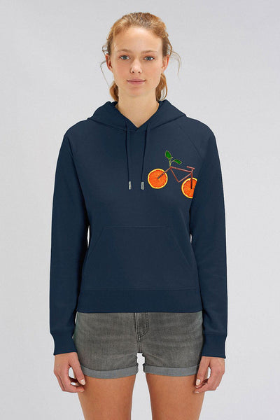 Navy Women Orange Bicycle Hoodie, Medium-weight, from organic cotton blend