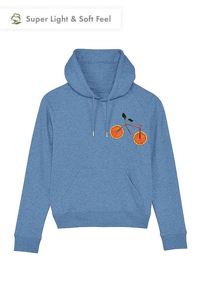 Blue Women Orange Bicycle Hoodie, Medium-weight, from organic cotton blend