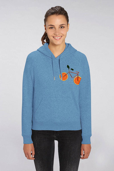 Blue Women Orange Bicycle Hoodie, Medium-weight, from organic cotton blend