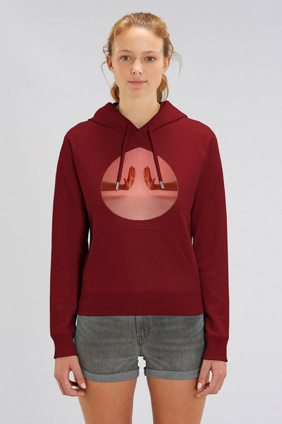 Burgundy Women Two Hands Graphic Hoodie, Medium-weight, from organic cotton blend