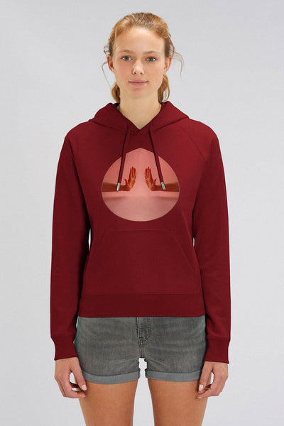 Burgundy Women Two Hands Graphic Hoodie, Medium-weight, from organic cotton blend