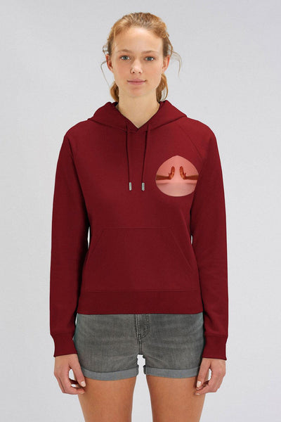 Burgundy Women Two Hands Printed Hoodie, Medium-weight, from organic cotton blend