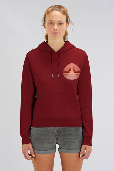 Burgundy Women Two Hands Printed Hoodie, Medium-weight, from organic cotton blend