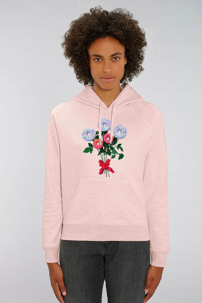 Light Pink Women Donut Flowers Graphic Hoodie, Medium-weight, from organic cotton blend