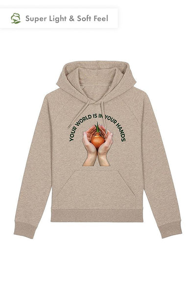 Beige Women Your World Graphic Hoodie, Medium-weight, from organic cotton blend