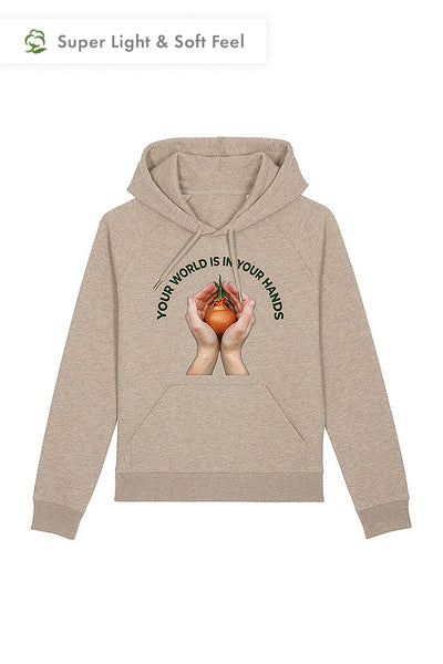 Beige Women Your World Graphic Hoodie, Medium-weight, from organic cotton blend