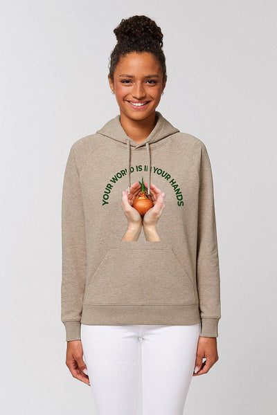Beige Women Your World Graphic Hoodie, Medium-weight, from organic cotton blend