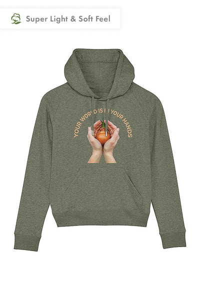 Khaki Women Your World Graphic Hoodie, Medium-weight, from organic cotton blend