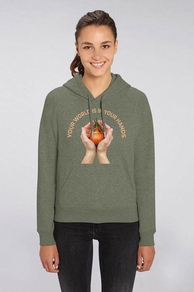 Khaki Women Your World Graphic Hoodie, Medium-weight, from organic cotton blend