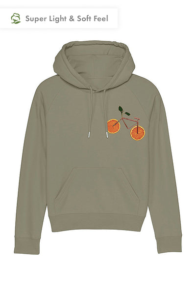 Light Khaki Women Orange Bicycle Hoodie, Medium-weight, from organic cotton blend