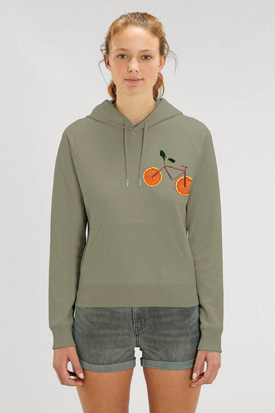 Light Khaki Women Orange Bicycle Hoodie, Medium-weight, from organic cotton blend