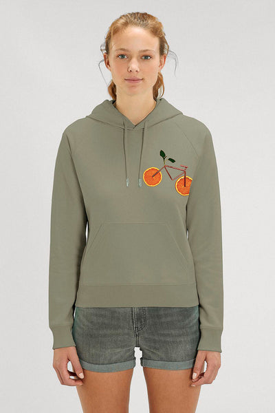 Light Khaki Women Orange Bicycle Hoodie, Medium-weight, from organic cotton blend