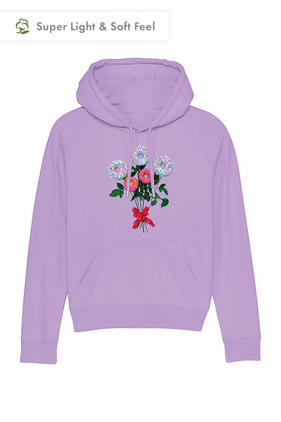 Purple Women Donut Flowers Graphic Hoodie, Medium-weight, from organic cotton blend