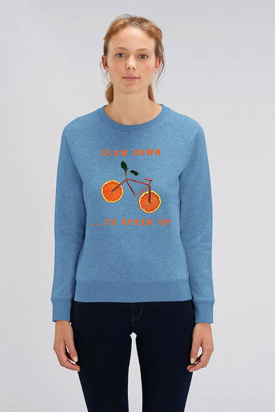 Blue Women Orange Bike Graphic Sweatshirt, Medium-weight, from organic cotton blend