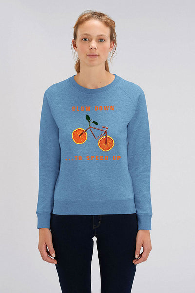 Blue Women Orange Bike Graphic Sweatshirt, Medium-weight, from organic cotton blend