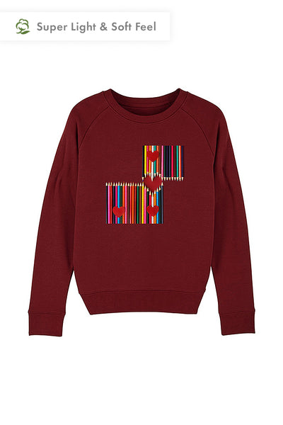 Burgundy Women Love More Graphic Sweatshirt, Medium-weight, from organic cotton blend