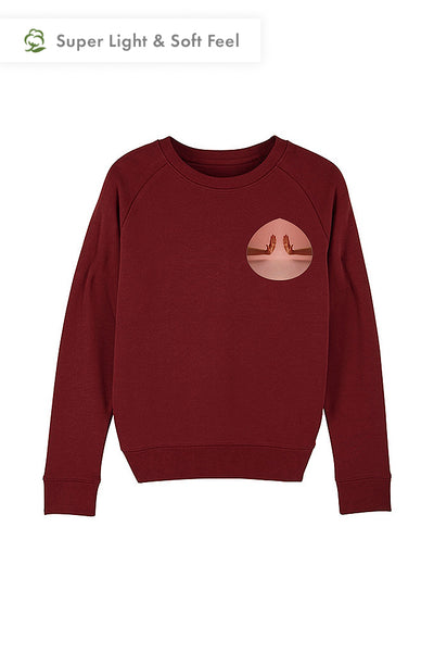Burgundy Women Two Hands Printed Sweatshirt, Medium-weight, from organic cotton blend