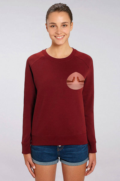 Burgundy Women Two Hands Printed Sweatshirt, Medium-weight, from organic cotton blend