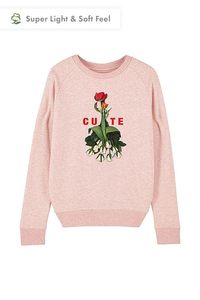 Light Pink Women Cute Floral Printed Sweatshirt, Medium-weight, from organic cotton blend