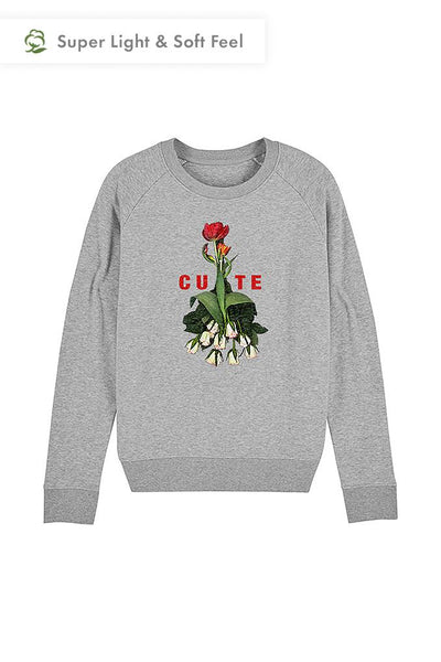 Grey Women Cute Floral Printed Sweatshirt, Medium-weight, from organic cotton blend